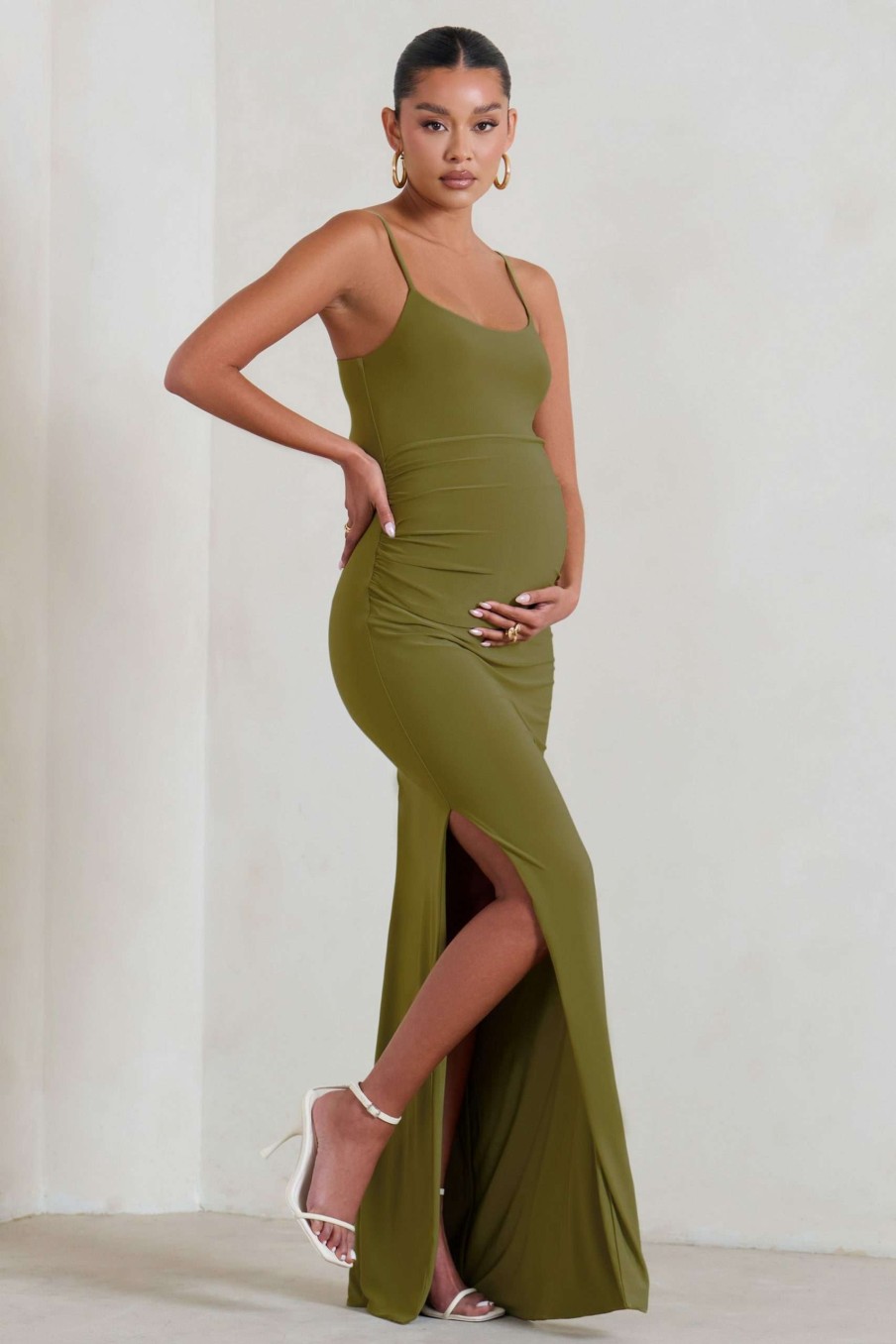 Maternity * | Aurelia | Olive Green Maternity Cami Maxi Dress With Split Club L London Hot Sell