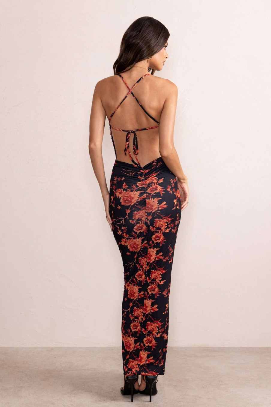 Dresses * | Baylin | Black Orange Floral Print Cami Ruched Maxi Dress With Strappy Back Club L London Clearance Sale