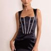 Dresses * | Elyse | Black Satin Reverse Sweetheart Neckline Corset Mini Dress With Diamante Detail Club L London Large Choice