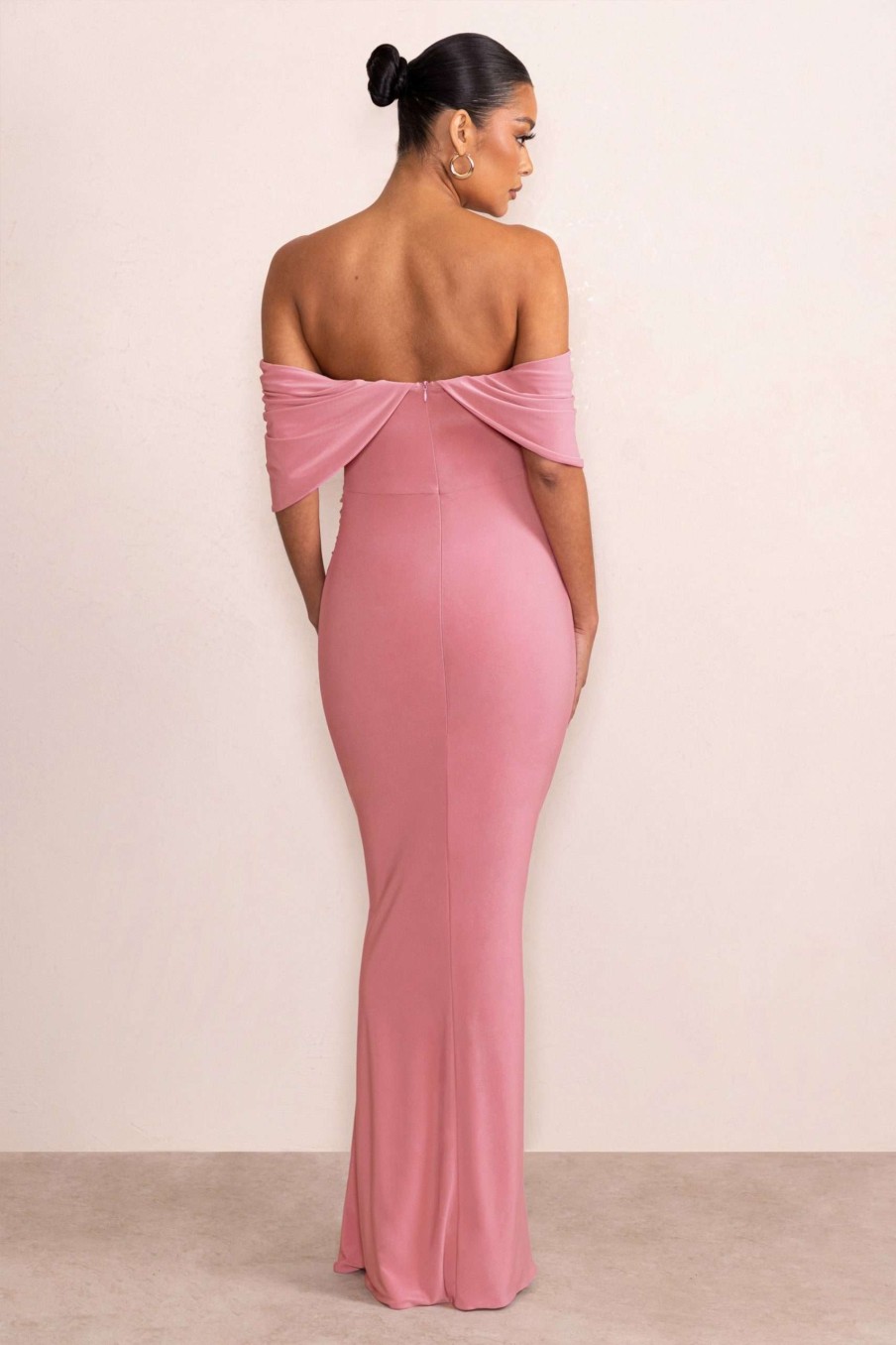 Maternity * | Asha | Blush Pink Draped Sleeve Bardot Maternity Maxi Dress Club L London Reliable Quality