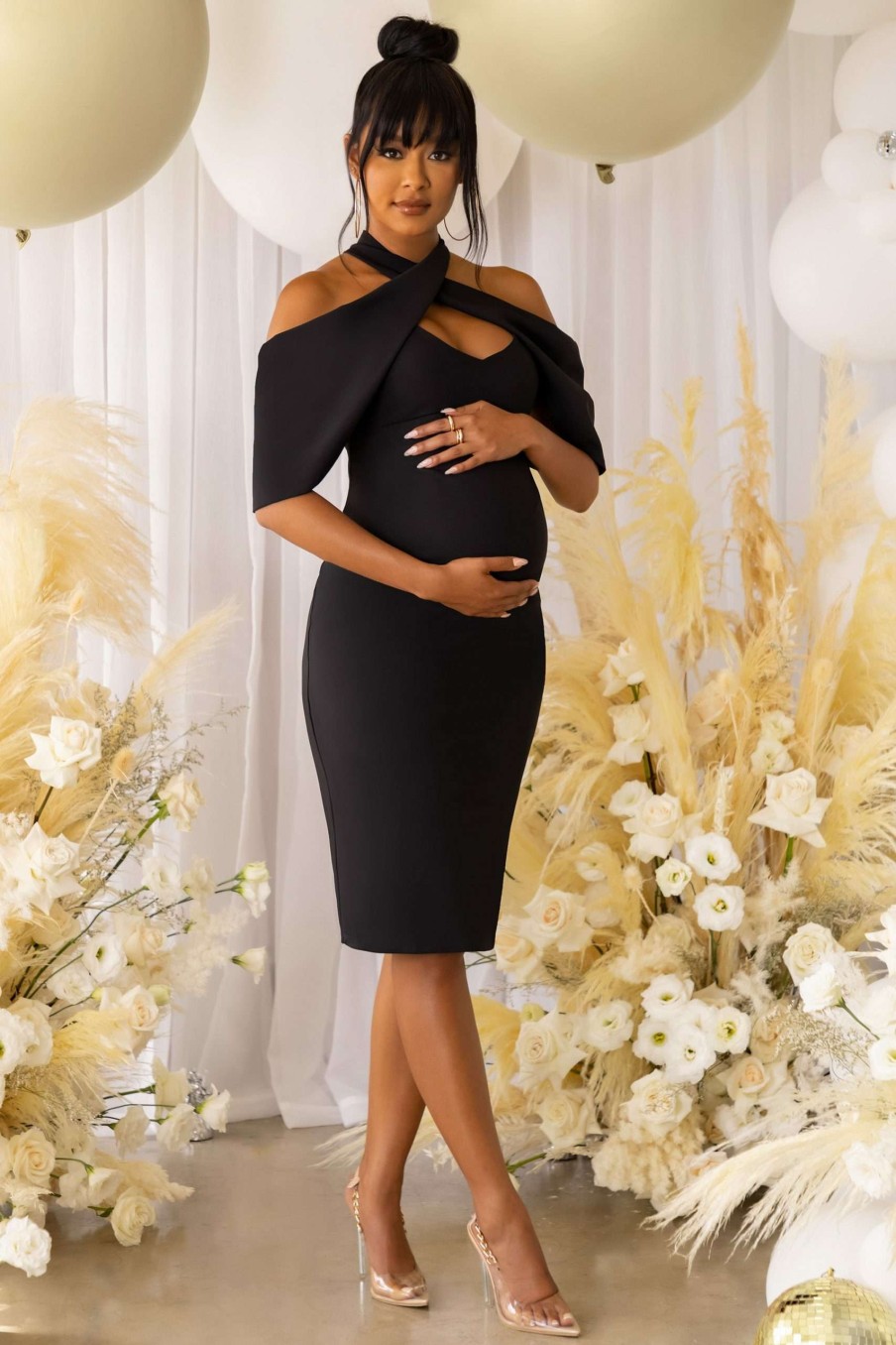 Maternity * | Expect Perfect | Black Maternity Halterneck Midi Dress Club L London Best Quality