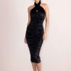 Dresses * | Hourglass | Black Velvet Halterneck Ruched Midi Dress Club L London Top Sell