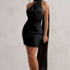 Dresses * | Nasira | Black Satin Asymmetric Scarf Neck Backless Mini Dress Club L London Online Sales