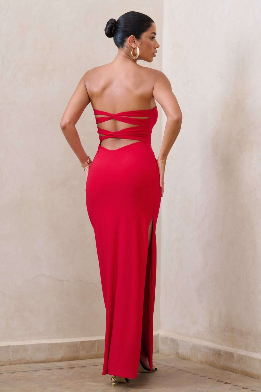 Dresses * | Manon | Red Sweetheart Bandeau Maxi Dress With Thigh Split Club L London Sale Online