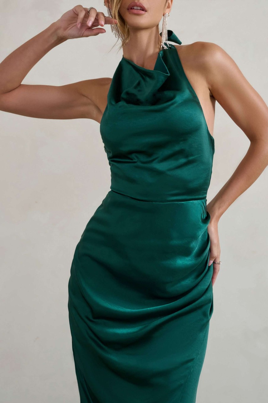 Dresses * | Forever Feature | Bottle Green High Neck Wrap Maxi Dress Club L London Sale