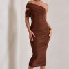 Dresses * | Cici | Brown Asymmetric One Shoulder Ruched Midi Dress Club L London Low Price