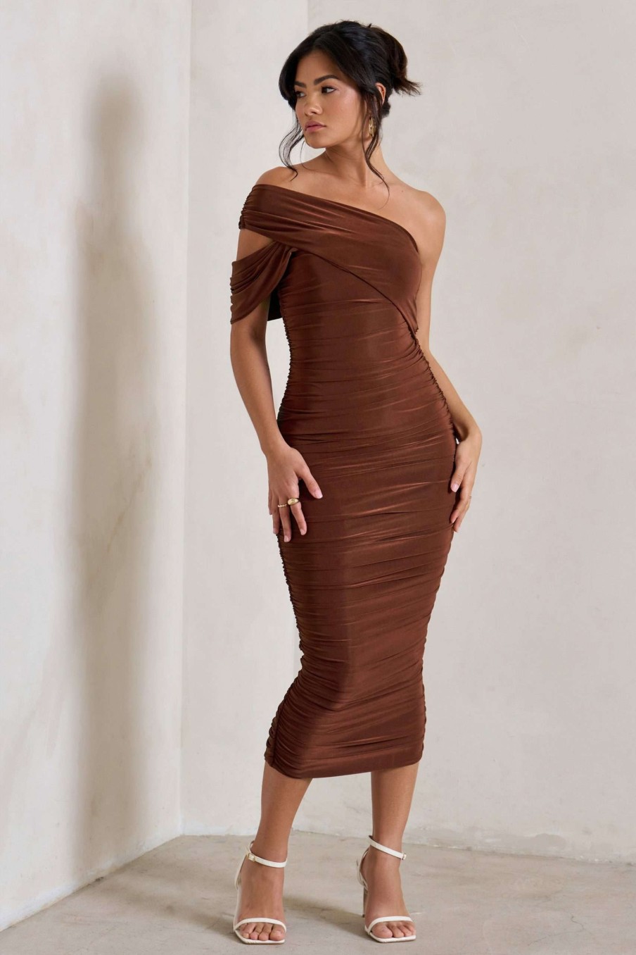 Dresses * | Cici | Brown Asymmetric One Shoulder Ruched Midi Dress Club L London Low Price