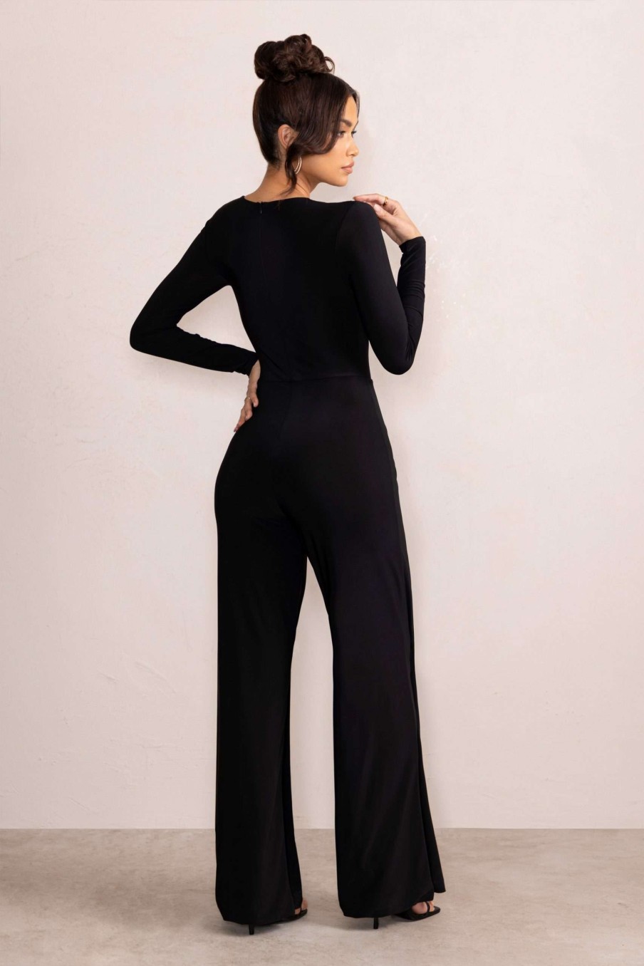 Clothing * | Ember | Black Twist Front Plunge Wide Leg Jumpsuit Club L London Closeout Sale