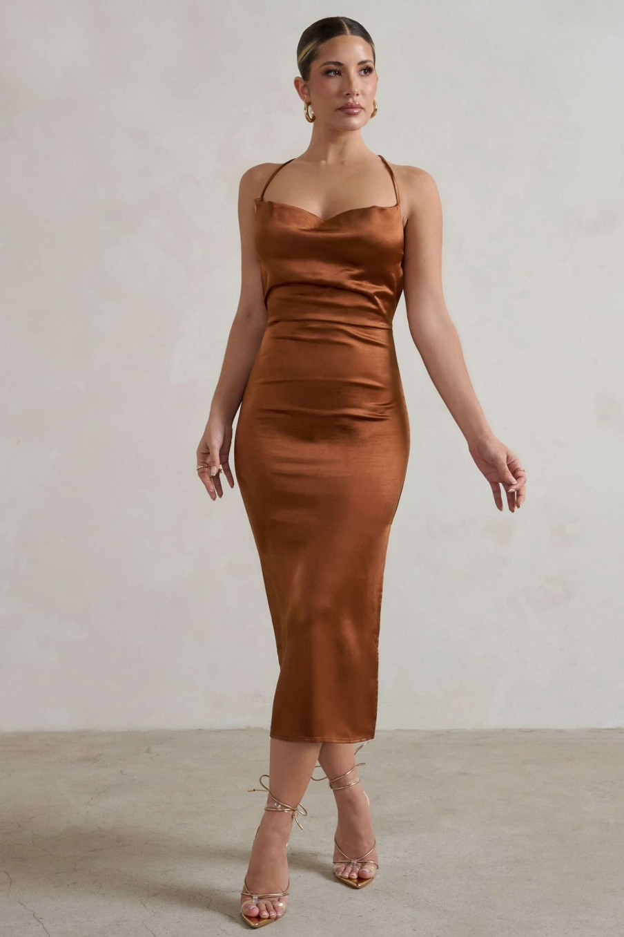 Dresses * | Aja | Copper Cowl Cami Midi Dress With Waist Tie Club L London Exclusive Design