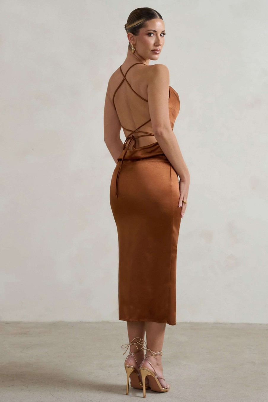 Dresses * | Aja | Copper Cowl Cami Midi Dress With Waist Tie Club L London Exclusive Design