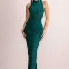 Dresses * | Liori | Bottle Green Halter Neck Maxi Dress With Ruching Detail Club L London Top Sellers