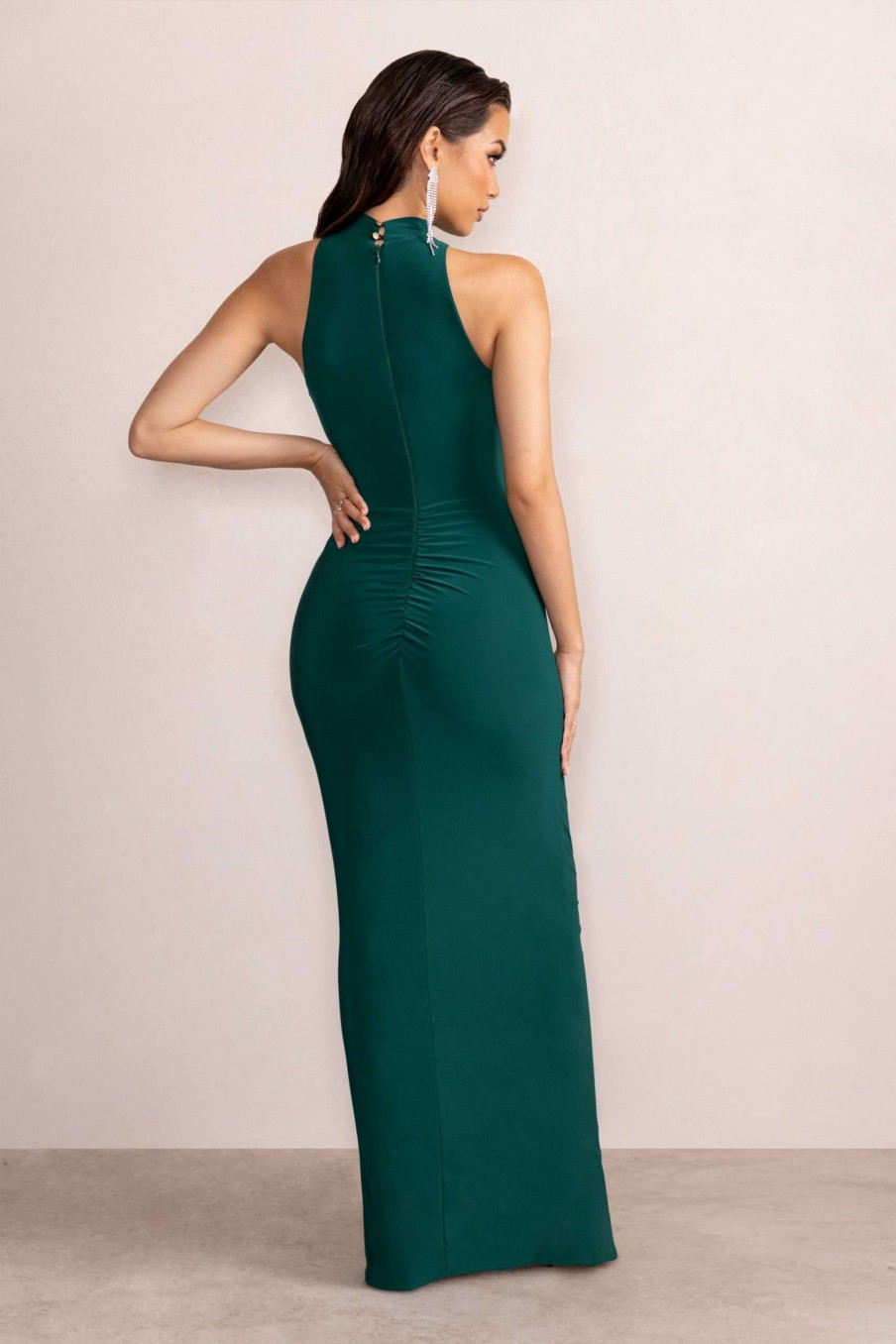 Dresses * | Liori | Bottle Green Halter Neck Maxi Dress With Ruching Detail Club L London Top Sellers