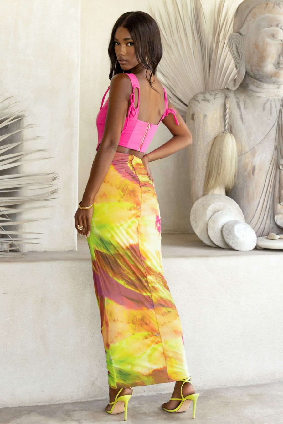 Clothing * | Feel The Heat | Lime Print High Waist Ruched Maxi Skirt With Split Hem Club L London Discount Sale