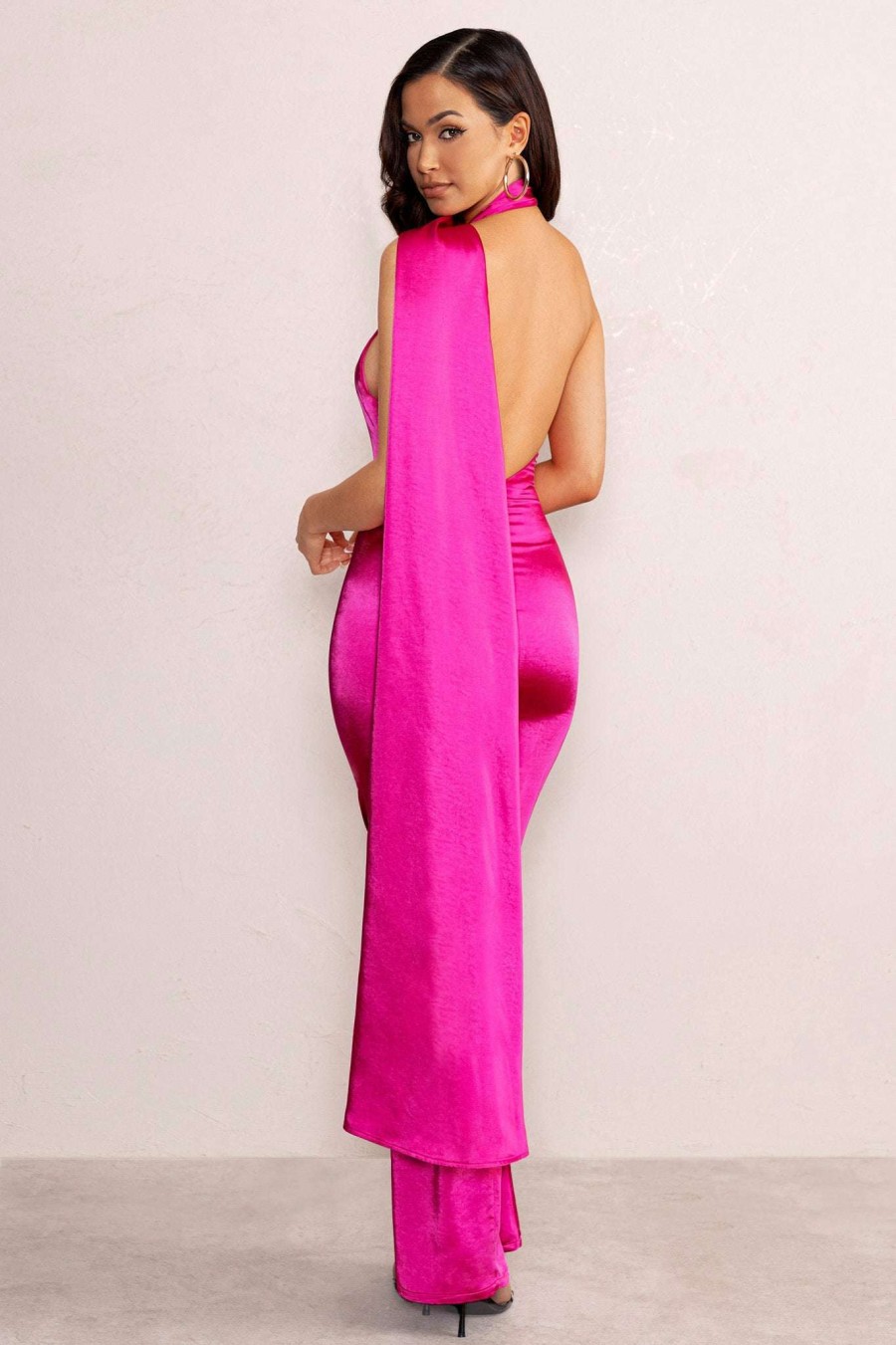 Dresses * | Mademoiselle | Hot Pink Backless Asymmetric Scarf Neck Maxi Dress Club L London Online Store