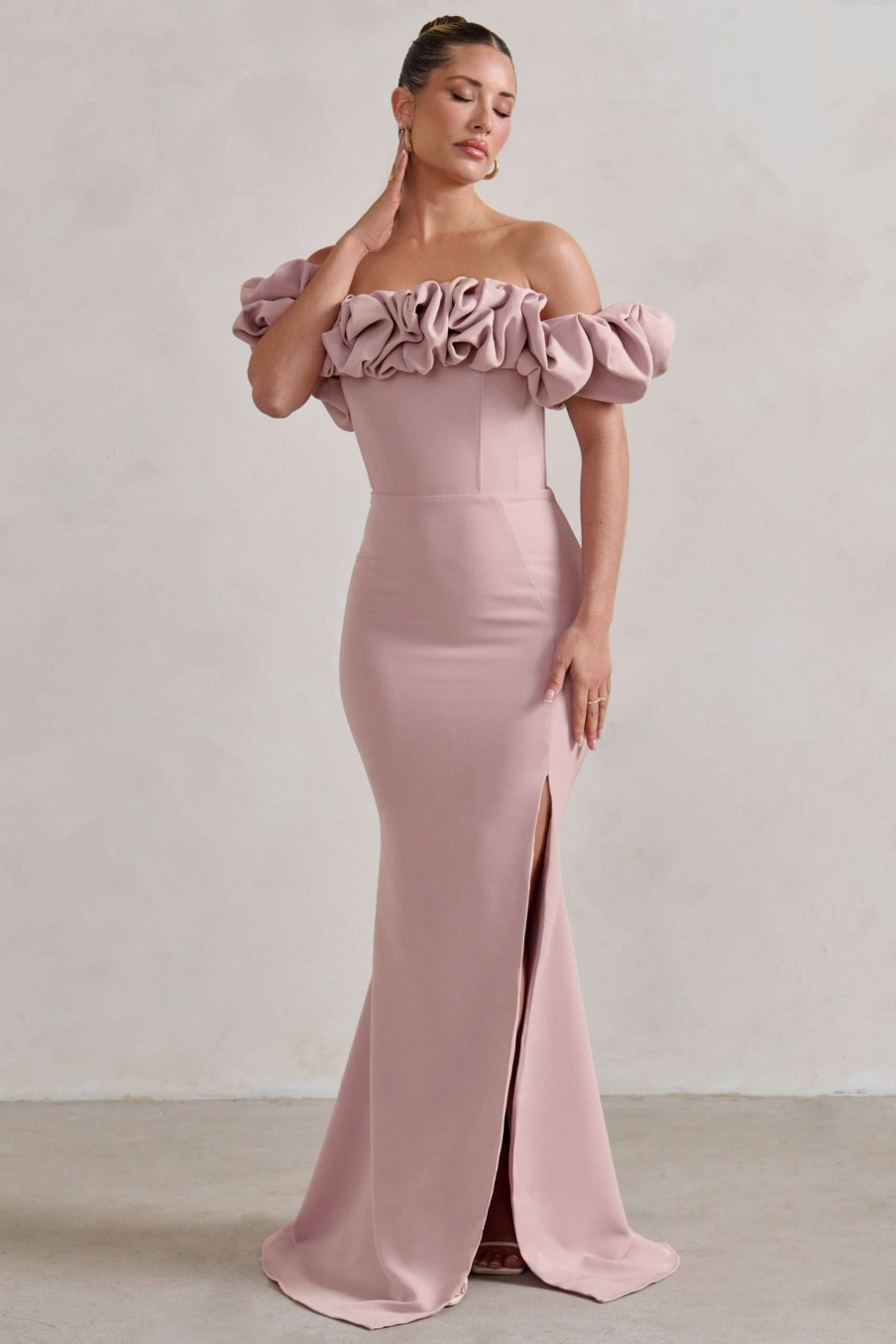 Dresses * | Esmeralda | Blush Pink Structured Statement Bardot Maxi Dress Club L London Bestsellers