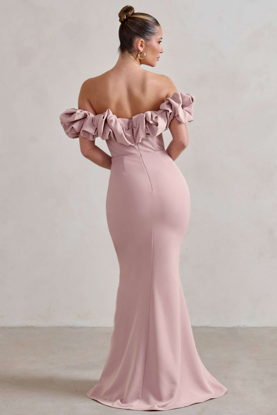 Dresses * | Esmeralda | Blush Pink Structured Statement Bardot Maxi Dress Club L London Bestsellers