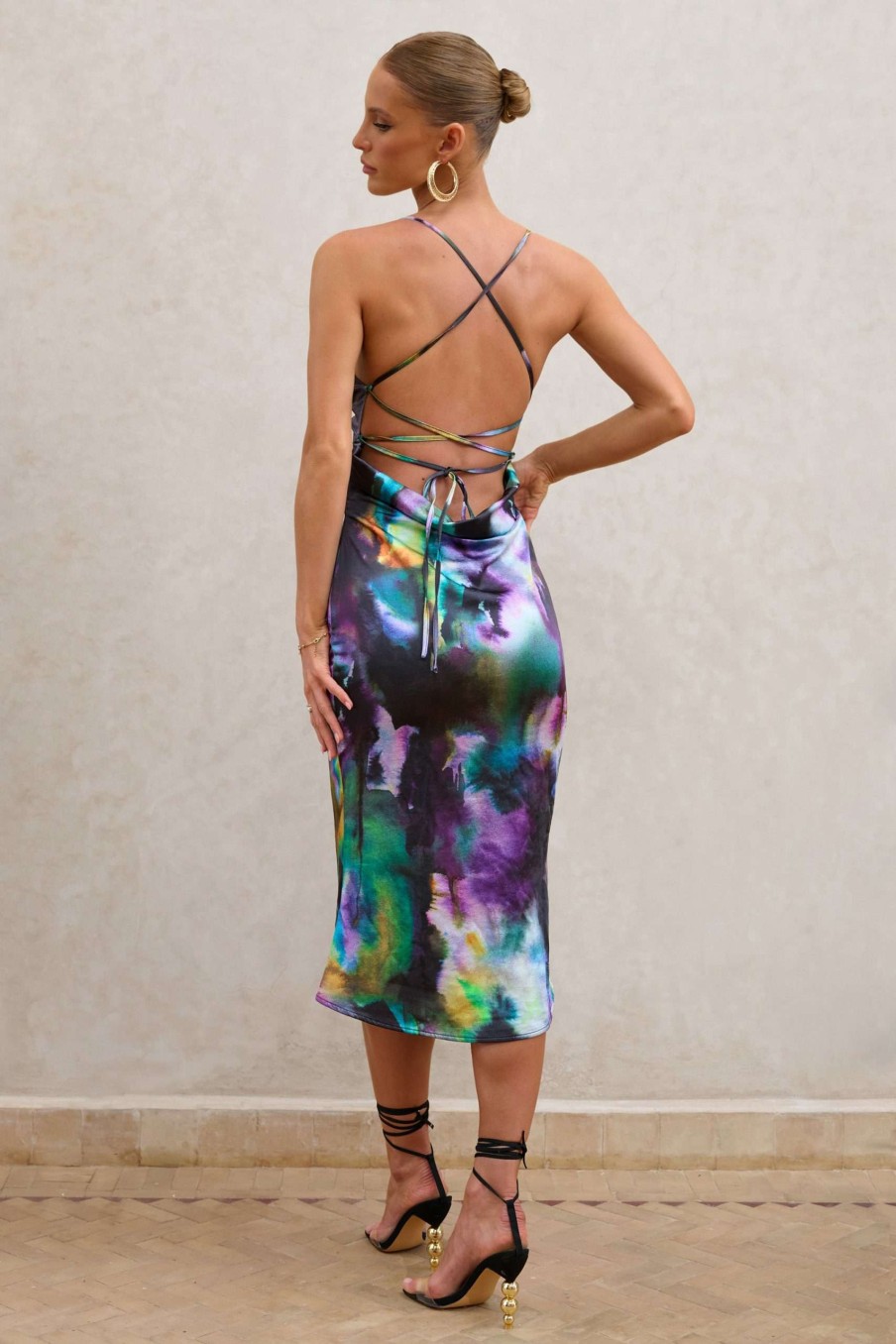 Clothing * | Graciella | Watercolour Print Satin Cami Midi Dress Club L London Sale