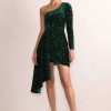 Dresses * | Lorena | Bottle Green Sequin Velvet One Shoulder Mini Dress With Drape Detail Club L London Premium