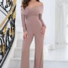 Clothing * | Hand On Heart | Light Mocha Twist Front Bardot Long Sleeve Jumpsuit Club L London Free Delivery