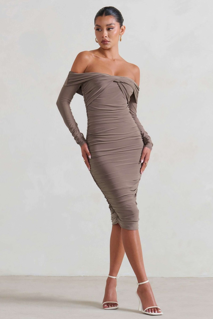 Dresses * | Neva | Mocha Bardot Twist Midi Dress Club L London Unique