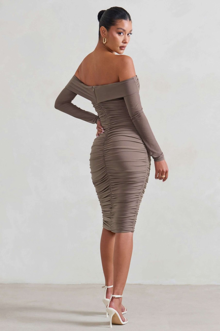 Dresses * | Neva | Mocha Bardot Twist Midi Dress Club L London Unique