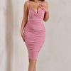 Dresses * | Desired | Powder Pink Knot Detail Ruched Midi Dress Club L London Discount