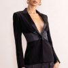 Clothing * | Helena | Black Plunge Neck Contrast Corset Satin Fitted Blazer Club L London Tendy Style