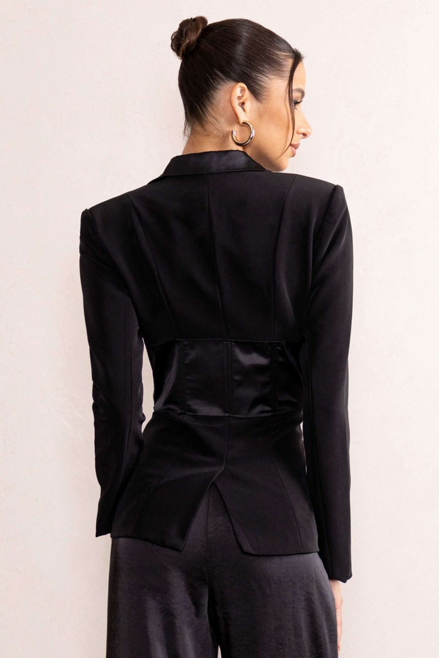 Clothing * | Helena | Black Plunge Neck Contrast Corset Satin Fitted Blazer Club L London Tendy Style