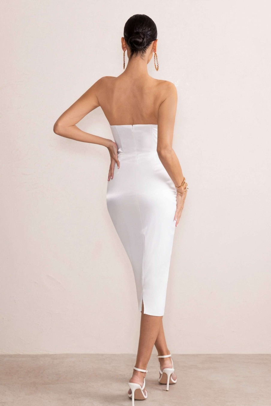 Dresses * | Reigning Beauty | White Bandeau Corset Style Ruched Midi Dress Club L London Discounts