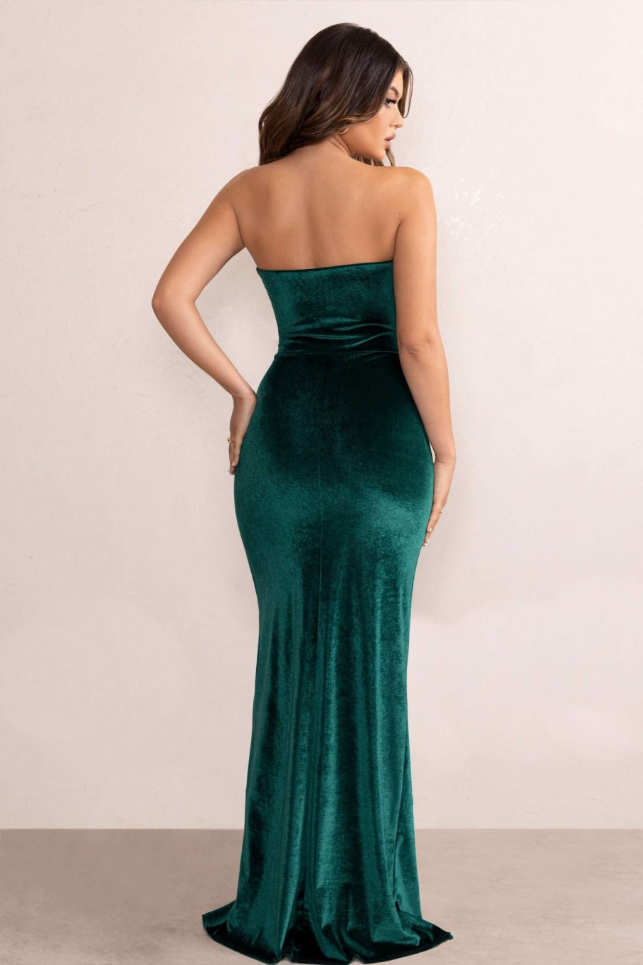 Dresses * | Belle Of The Ball | Bottle Green Velvet Bandeau Maxi Dress With Split Hem Club L London Reliable Quality