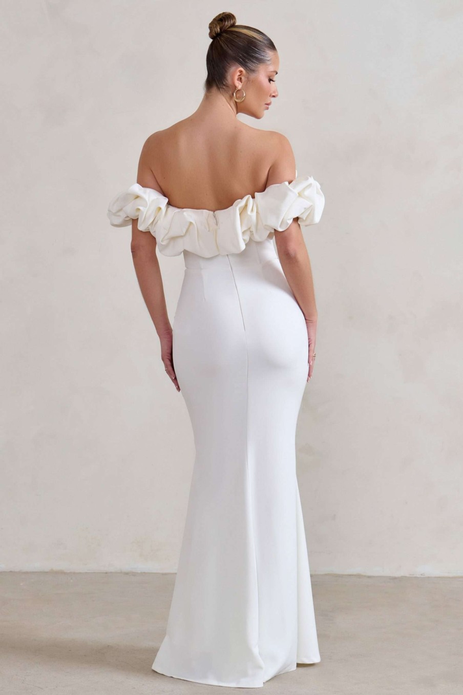 Dresses * | Esmeralda | White Structured Statement Bardot Maxi Dress Club L London Fire Sale