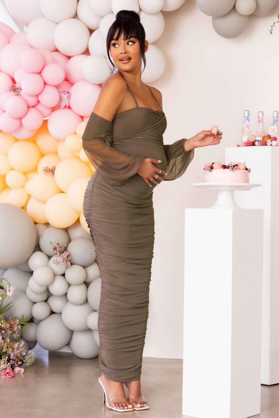 Maternity * | Announcement | Mocha Maternity Bardot Ruched Maxi Dress Club L London Discounts