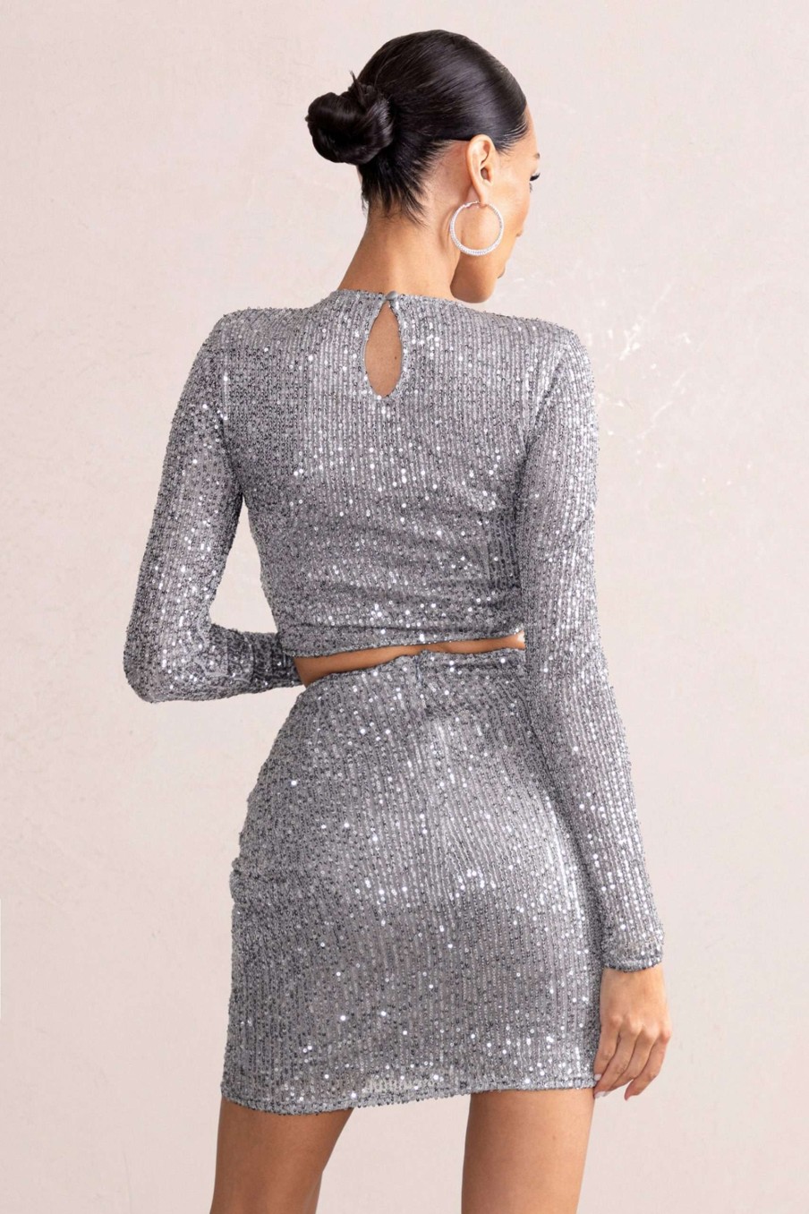 Clothing * | Aftermath | Pewter Silver Sequin Crop Top Club L London Hot Selling