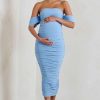 Maternity * | Plus One | Powder Blue Maternity Ruched Bardot Midi Dress Club L London Classical