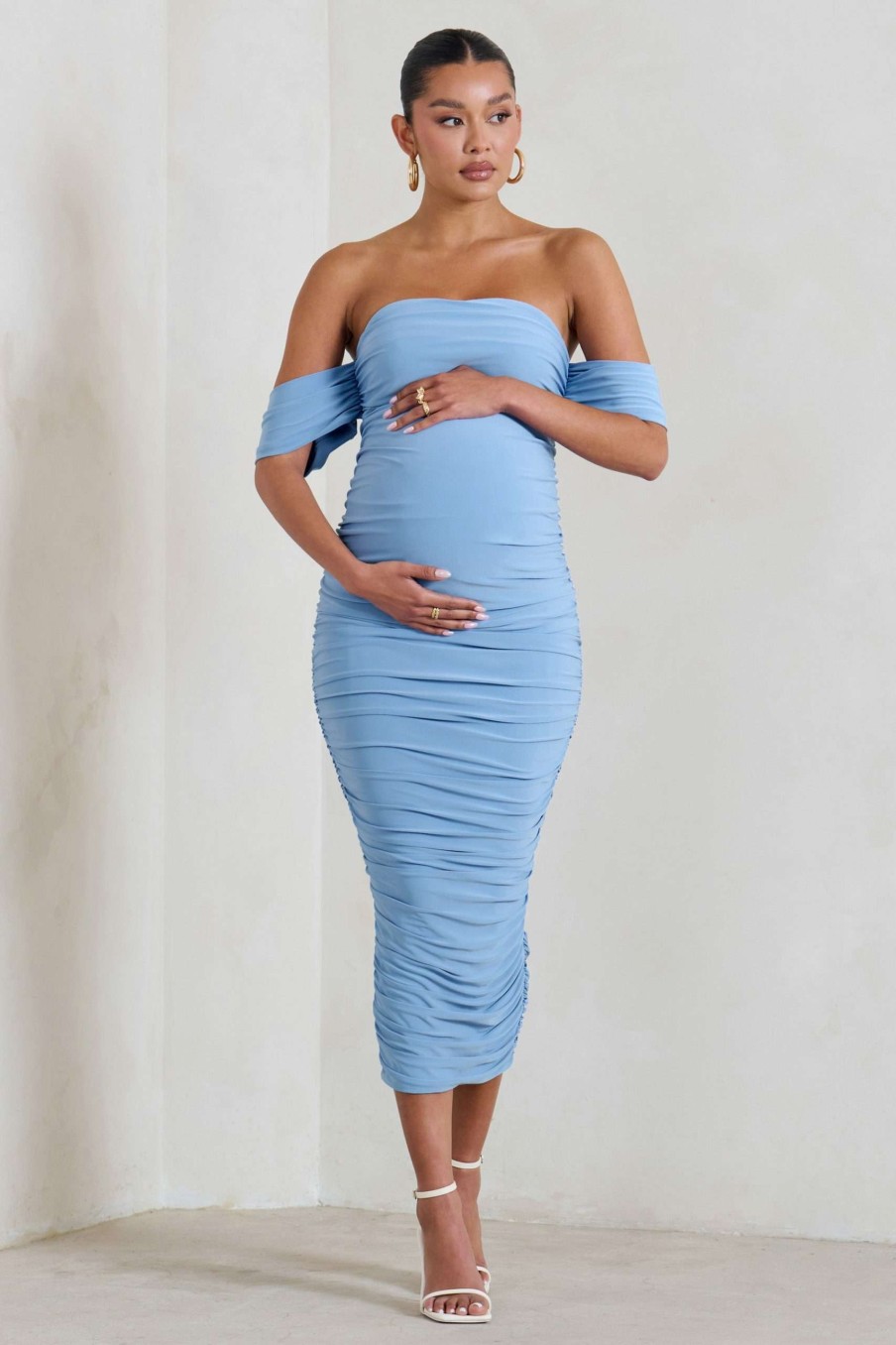 Maternity * | Plus One | Powder Blue Maternity Ruched Bardot Midi Dress Club L London Classical