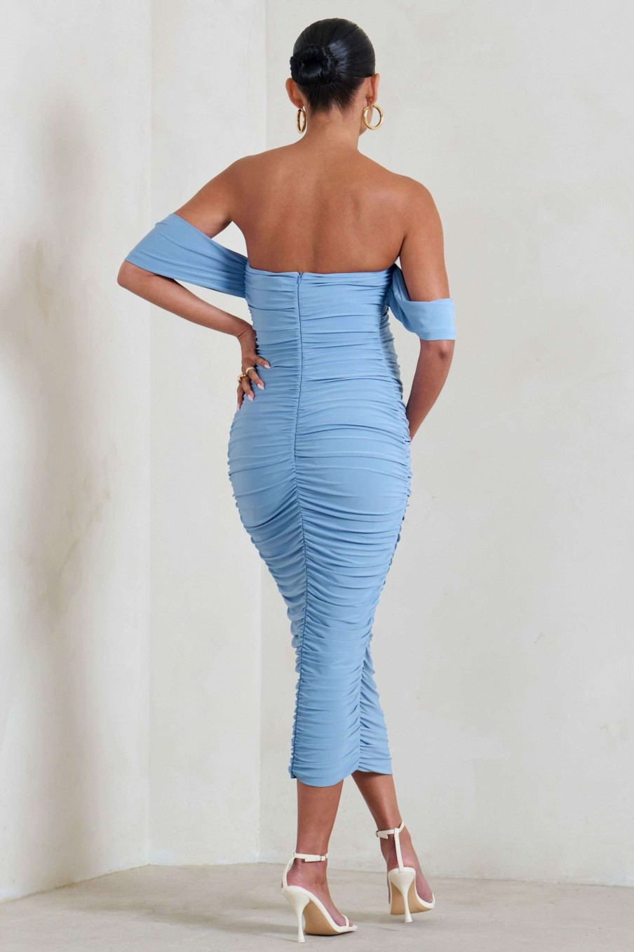 Maternity * | Plus One | Powder Blue Maternity Ruched Bardot Midi Dress Club L London Classical