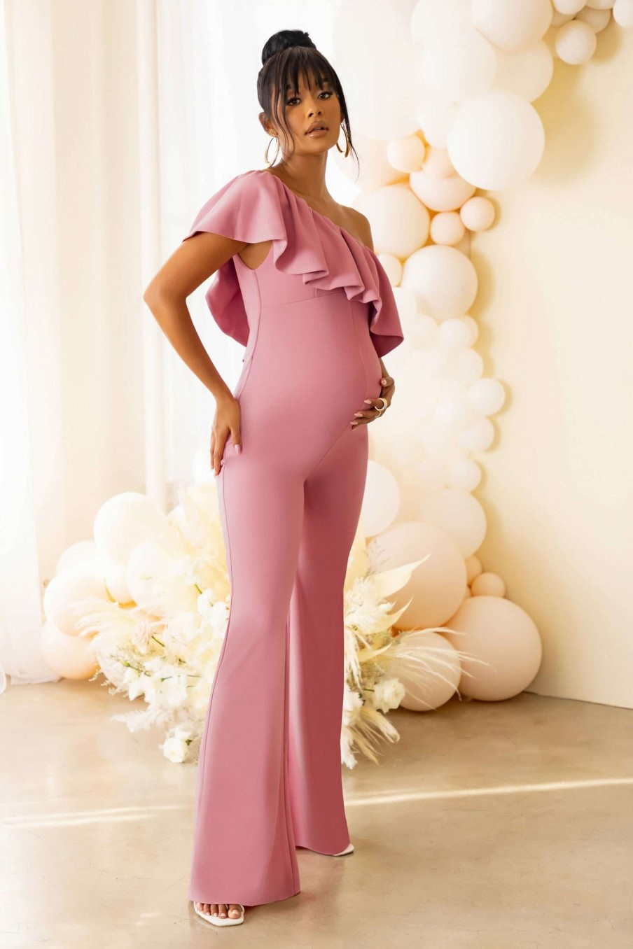 Maternity * | The Sweetest Gift | Dusty Rose Maternity One Shoulder Ruffle Jumpsuit Club L London Official