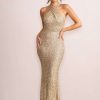 Dresses * | Mina | Champagne Sequin Cross Over Halterneck Maxi Dress Club L London Top Sell