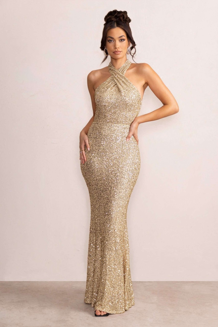 Dresses * | Mina | Champagne Sequin Cross Over Halterneck Maxi Dress Club L London Top Sell