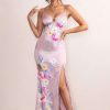 Dresses * | Adhara | Blush Pink Floral Placement Print Satin Plunge Neck Maxi Dress With Thigh Split Club L London Fire Sale