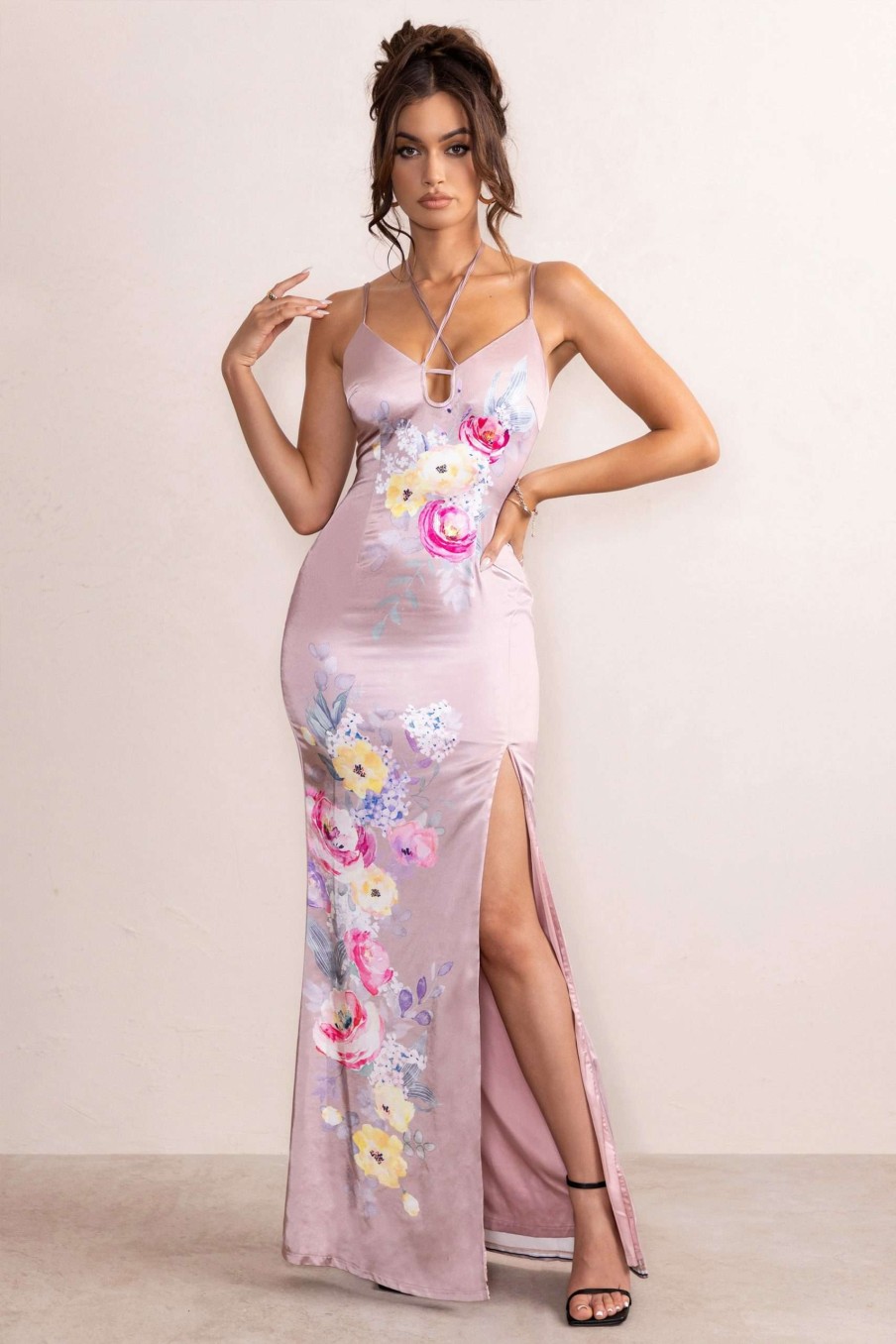 Dresses * | Adhara | Blush Pink Floral Placement Print Satin Plunge Neck Maxi Dress With Thigh Split Club L London Fire Sale