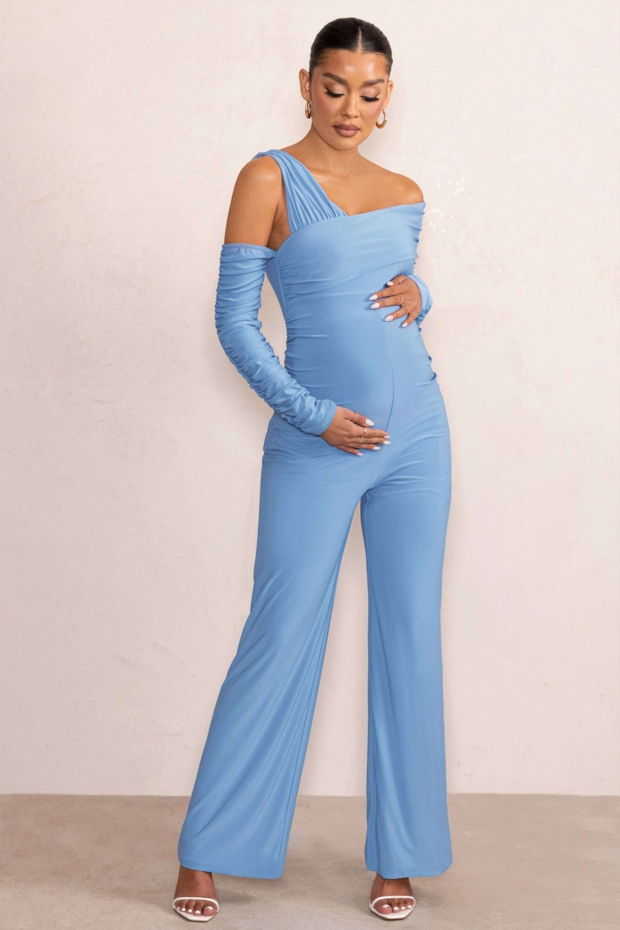 Maternity * | Kelly | Powder Blue Asymmetric Bardot Maternity Jumpsuit With Sleeves Club L London Hot Sell