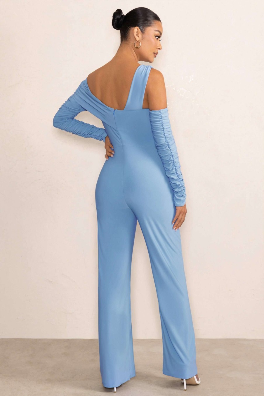 Maternity * | Kelly | Powder Blue Asymmetric Bardot Maternity Jumpsuit With Sleeves Club L London Hot Sell