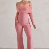 Clothing * | Whisper | Powder Pink Ruched Mesh Bardot Jumpsuit Club L London Discounts