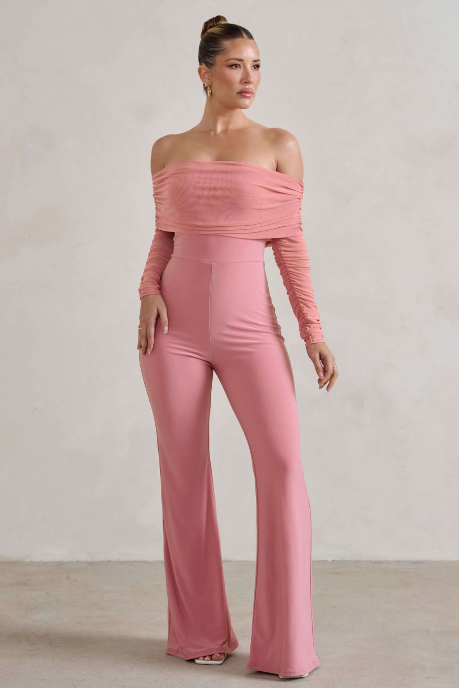 Clothing * | Whisper | Powder Pink Ruched Mesh Bardot Jumpsuit Club L London Discounts