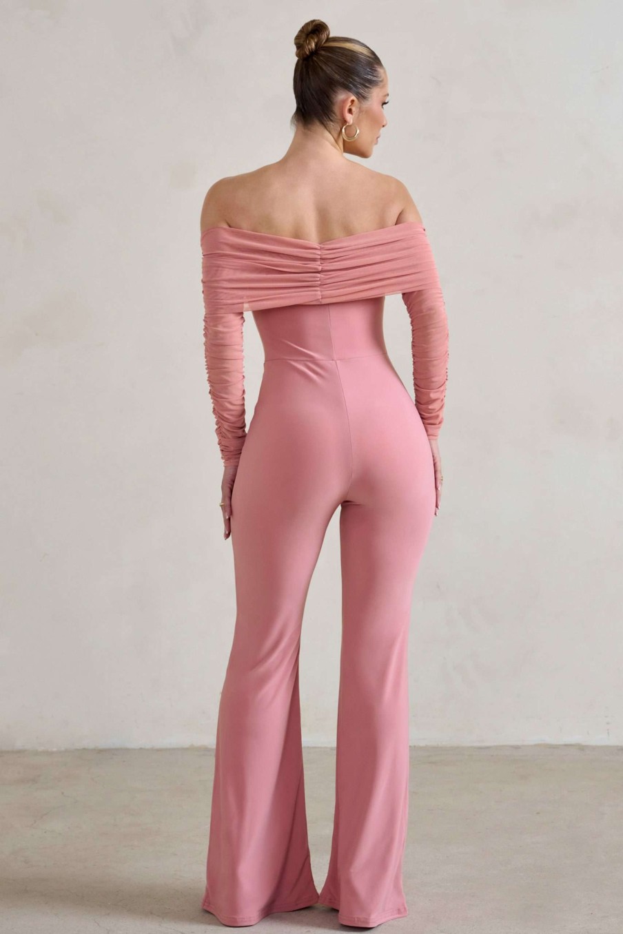 Clothing * | Whisper | Powder Pink Ruched Mesh Bardot Jumpsuit Club L London Discounts