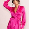 Dresses * | Gemstone | Hot Pink Satin Belted Wrap Mini Dress Club L London Fashionable