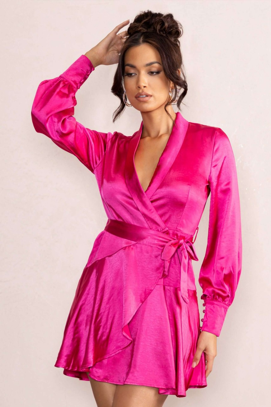 Dresses * | Gemstone | Hot Pink Satin Belted Wrap Mini Dress Club L London Fashionable