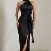 Dresses * | Tattianna | Black Asymmetric Tie Detail High Neck Satin Maxi Dress Club L London Online Sales