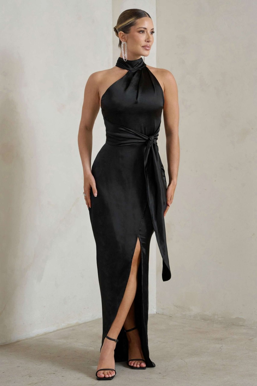 Dresses * | Tattianna | Black Asymmetric Tie Detail High Neck Satin Maxi Dress Club L London Online Sales